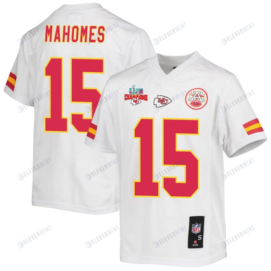 Patrick Mahomes 15 Kansas City Chiefs Super Bowl LVII Champions 3 Stars Youth Game Jersey - White