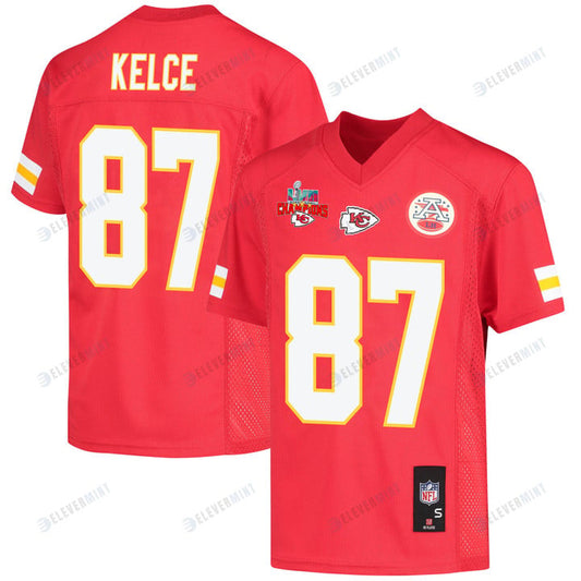 Travis Kelce 87 Kansas City Chiefs Super Bowl LVII Champions 3 Stars Youth Game Jersey - Red